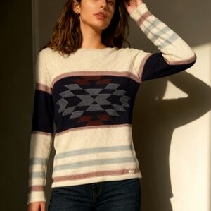 Outback Trading Co. Aztec Pattern Knit Sweater Cream, Navy & Taupe Size S/M